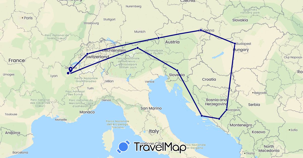 TravelMap itinerary: driving in Austria, Bosnia and Herzegovina, Switzerland, France, Croatia, Hungary, Slovenia (Europe)